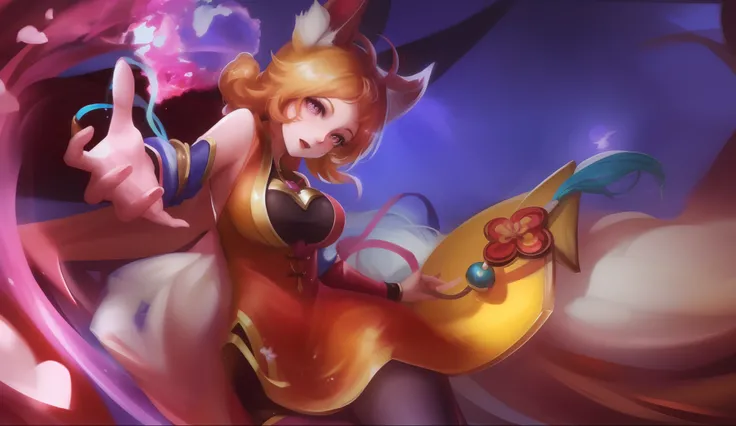 Anime girl with a sword and a banana in her hand, Ahri, Retrato de Ahri, Serafim Ahri KDA, splash arte anime loli, Artgerm extremamente detalhado, inspirado em Pu Hua, estilo artgerm, estilo artgerm, ! arte dos sonhos, Mago Celestial Lindo, artgerm detalha...