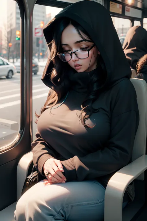 1 beautiful woman, adult, large body, long hair, wavy hair, black hair, glasses, outlined eyelids, made up eyelids, made up face, black sweater, wearing hood, hooded sweater, cleavage, light blue jeans, black handbag, sleeping sitting on the bus, Mouth ope...