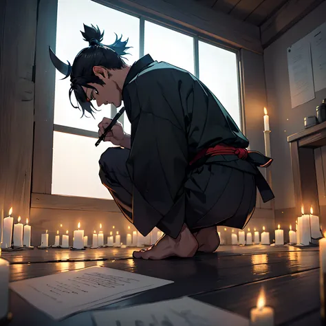 Samurai on his knees writing in a dark setting by candlelight (obra-prima) (8k high resolution) (melhor qualidade) (Ultra Definition) (Ultra realista)(Foto RAW) (Foto realista) (bright illumination)