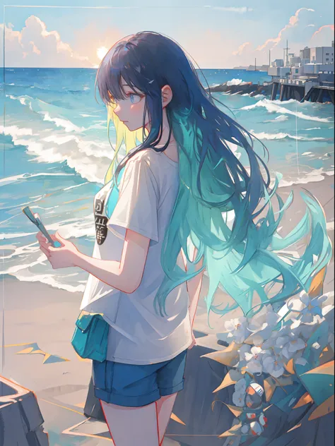 Super high quality fine detail movie concept art illustration, She has detailed hair、faces、The eye、With long wavy hair、beautiful and alluring, T-shirt and hot pants, Face facing rear view, in beach, sea side, Sunlight, evening, watercolor paiting, Cinemati...