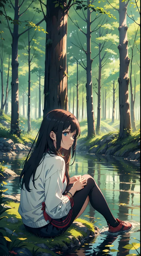 Create a serene riverside scenery in a forest, with an anime character sitting by the river, contemplating and looking empty.