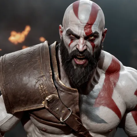 Kratos (Professional 3D rendering:1.3) de (Realistic:1.3) Foto de arte mais bonita do mundo，Features soft, bright male heroes, ((Epic hero fantasy rough muscular man wet hero angry look long hair short beard and fierce expression in dynamic pose, fantastic...