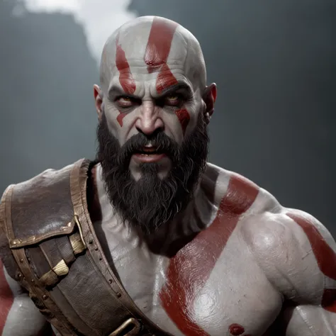 Kratos (Professional 3D rendering:1.3) de (Realistic:1.3) Foto de arte mais bonita do mundo，Features soft, bright male heroes, ((Epic hero fantasy rough muscular man wet hero angry look long hair short beard and fierce expression in dynamic pose, fantastic...