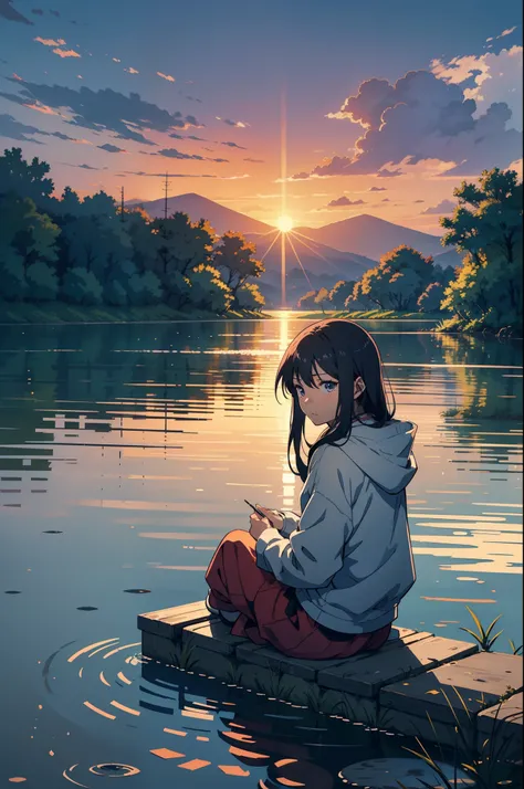 Draw an image of a female anime character sitting alone by a lake at sunset, with a facial expression that reflects both sadness and serenity in the silence