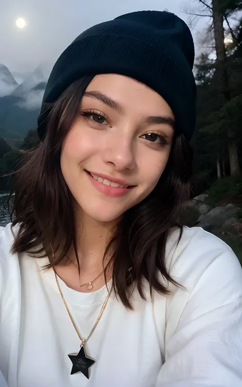 Photorealistic, Best Quality, Hyper Detailed, Beautiful woman, selfie photo, Upper body, Solo, wearing pullover, Outdoors, (Night), mountainscape, The nature of real life, Stars, Moon, (Outstanding smile、A dark-haired、sixteen years old、Cheerful, Happy), Be...