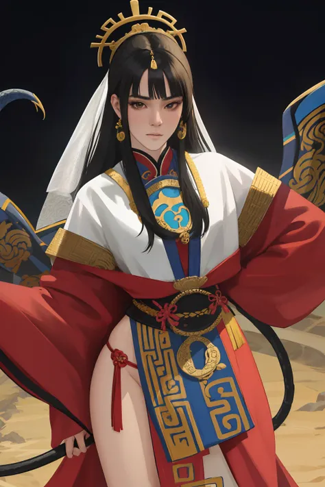 NSFW, obra-prima, melhor qualidade, ultra-hdetalhado, semi-realista, detailedfacialfeatures, 1 mulher,deidade marcial,Mulher usando roupa ancestral hunfa wuxia,princesa serpente,Villain,cabelos longos da cor negros,olhos negros fascinantes,seios grandes,mu...