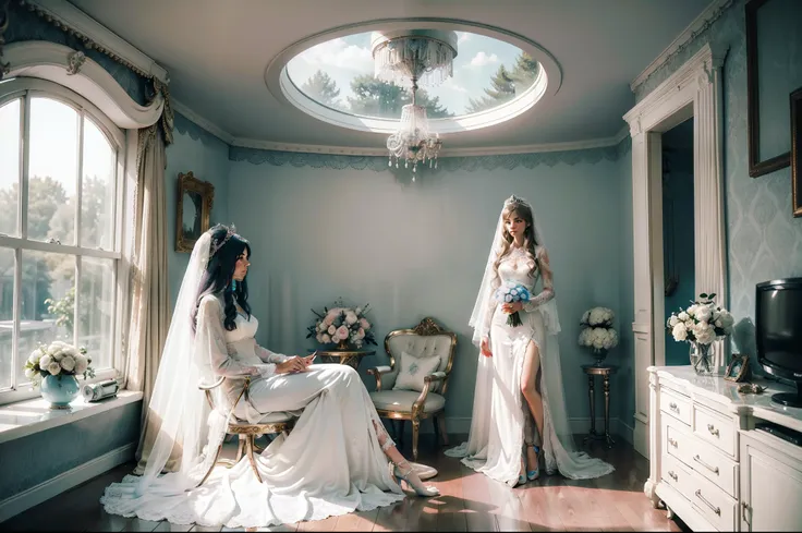 Bride and groom chilling out in a house. Groom in hippie chic suit. Bride in conservative Broderie wedding dress, creamy white satin, long sleeves, medium long veil, tiara and embellishments in silver and aquamarine. Retrofuturistic house as background, bi...