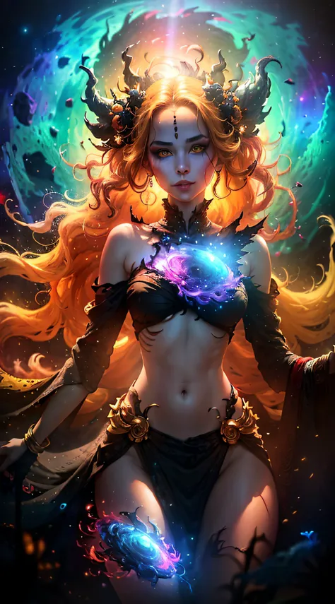 Looking at the viewer, vibrant look, goddess of multiversal monsters, female, evil goddess, serene, devilish smile, (lush hair, long hair, blonde, (forehead), messy hair), (yellow eyes+black sclera))))))) , Goddess long dress, thin, big breasts, wide waist...