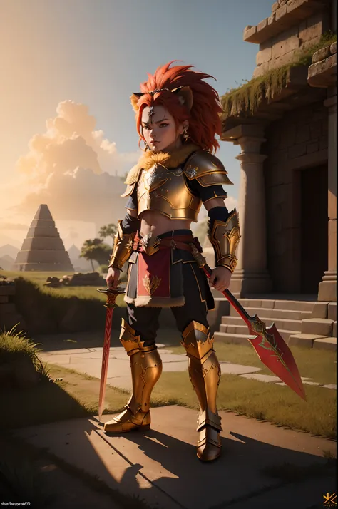 there is a cat like humanoid in armor standing on a sidewalk with two swords, (octane render) fantasy style, fantasy style 8 k octane render, warrior outfit, redhead in heavy red and gold armor, lion warrior, Cat like knight in armor, male warrior, 3 d ren...