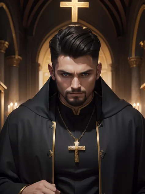 ((beste-Qualit, 8K, tmasterpiece: 1.3)), 1male, priest: 1.3, (Casual hairstyle, Large physique, Orthodox Cross: 1.2), black church cassock: 1.1, evil face, Brutality, hyper-detailing, devil, double eyelids, ssmile, temple