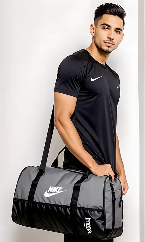 Nike Duffel Bag Preto, estilo esportivo profissional, foto oficial do produto, Sacos, roupas esportivas, Perfil de corpo inteiro, imagem oficial do produto, Nick Silva, Detalhe perfeito, corpo inteiro, corpo inteiro, detalhes elaborados, suave em _ O pano ...