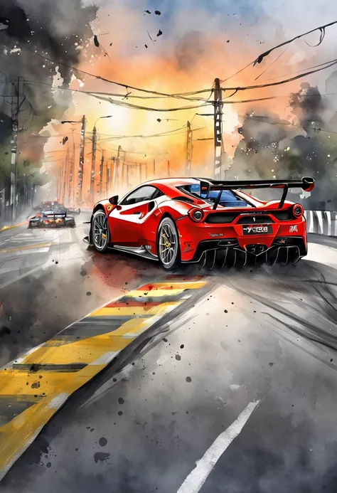 "um Quority(Ferrari 488 GT3 |)Race cars race around the city circuit at night，Um sopro de sangue e velocidade。"