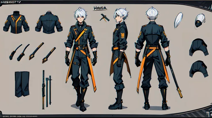 close-up of a guy in a gun costume, ((character concept art)), ((character design sheet, same character, on front, from on the s...