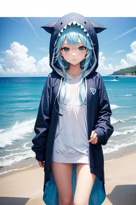 Daughter in a thin hoodie of blue great white shark, kawaii(Moe)expressioness,Fresh natural light,Calm sea,foamy,White sandy beach,splash water,Cool breeze,Tropical Vibes,lightly dressed、Transparency、