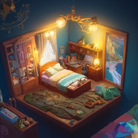 a isometric (((bedroom with a bed and wooden furniture))), a low poly render, inspired by cyril rolando, pixel art, detailed and...