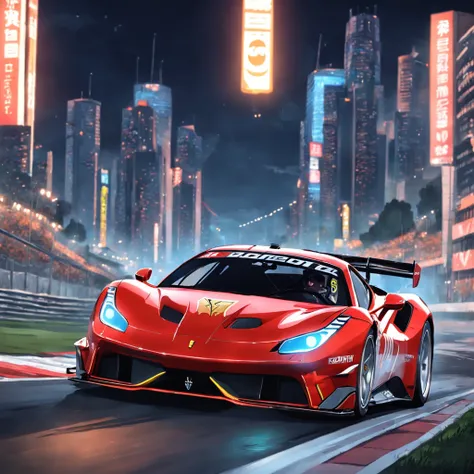 "um Quority(Ferrari 488 GT3 |)Race cars race around the city circuit at night，Um sopro de sangue e velocidade。"