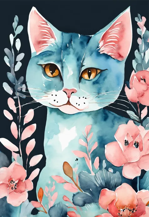 Cats, Main color Black, Secondary color cyan, Pastel pink background, artistic, Sophisticated, Warm style, Shapes include abstract cats, Playful forms, Elegant piece, Textures include fur textures, Smooth paint, Fabric texture, The lines contain graceful l...