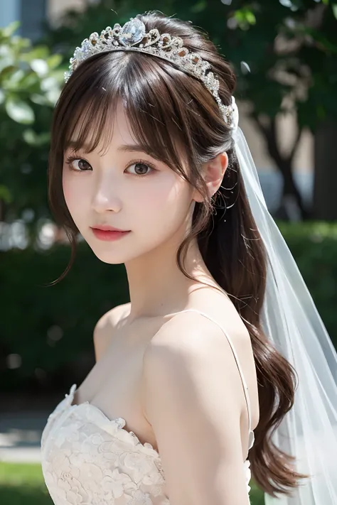 (extremely delicate and beautiful work)、(​masterpiece)、Very detailed princess wedding dresses、Bridal tiara、Bridal Veil、poneyTail、A charming expression、Beautiful and clear eyes、Simple blurry background、mare、Ultra-fine painting、delicated face、Delicate figure...