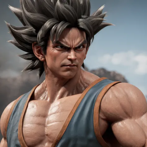 Goku (Professional 3D rendering:1.3) de (Realistic:1.3) foto de arte mais bonita do mundo，soft features, brilliant male heroes, ((Rough epic hero fantasy muscular man wet hero angry look long hair short beard and fierce expression in dynamic pose, fantasti...