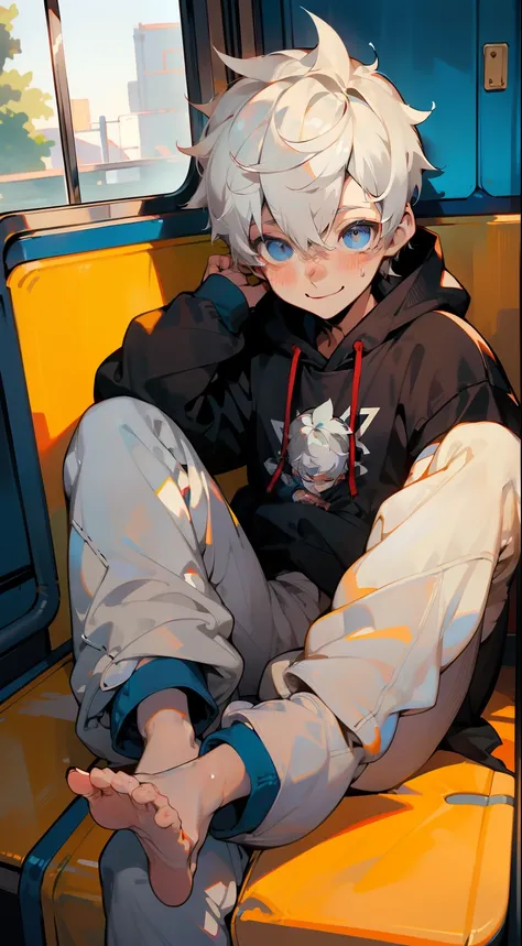 masterpiece, chubby little boy with white hair and shiny bright blue eyes and barefoot wearing a hoodie, and oversized sweatpant...