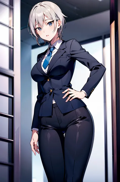 masutepiece, Best Quality, girl, Grey Hair, Short hair, Blue eyes, medium breasts, Office Lady, neck tie, Black Suit, pant suit, put hands on the hip, Outdoors, thighs thighs thighs thighs, breasts, From below、long court、long boots