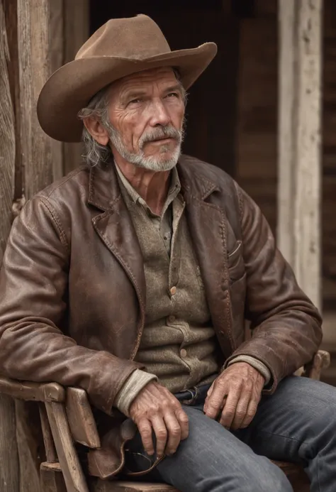 An ultra-realistic photo of a rustic male cowboy with a hyper detailed face sitting in a rocking chair on the porch of an old wooden house style HD 16K western movie