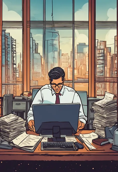 (extremely detailed high definition CG illustration, obra-prima de primeira linha),(oppressive office, dim lighting, Panoramic photo of a man sitting at a desk surrounded by stacks of files),(Feliz e bem sucedido, with short black hair and glasses, celebra...