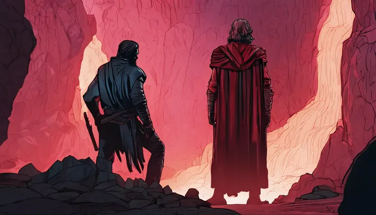 IMAGEM DO PERSONAGEM DANTE CONVERSANDO COM VIRGILIO NA ENTRADA DA CAVERNA.