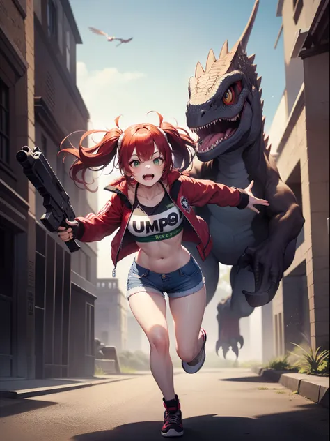 Female asian Irina Shidou red hair twintails green eyes, (1 girl) (1 raptor dinosaur) in ancient Mayan ruins, wearing a bomber jacket and crop top and denim shorts, laser rifle in right hand, shooting laser rifle, running away from a giant raptor dinosaur,...