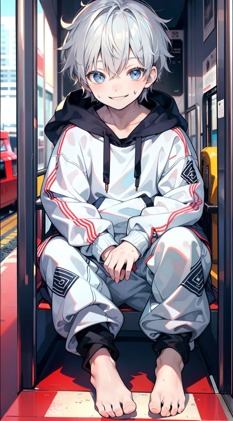 Masterpiece, chubby Little boy with white hair and shiny bright blue eyes and barefoot wearing a hoodie, and oversized sweatpants sitting in a train, young, boy, child, small, toddler, soft light, (sweatpants:1.4), (Boy:1.4), (Shota:1.4), (Young:1.4), (Mal...