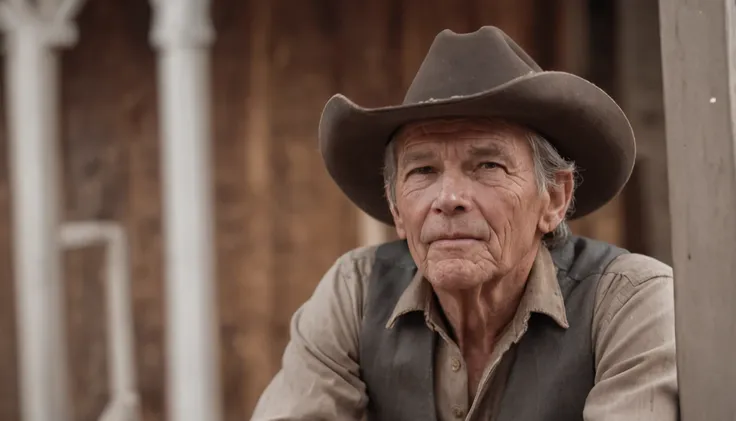 An ultra-realistic photo of a male cowboy with a hyper detailed face sitting in a rocking chair on the porch of an old wooden house western movie dramatic lighting HD 16K