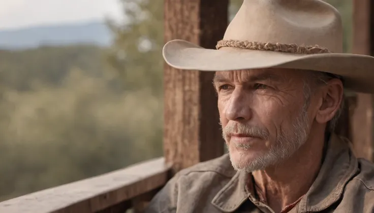 An ultra-realistic photo of a male cowboy with a hyper detailed face sitting in a rocking chair on the porch of an old wooden house western movie dramatic lighting HD 16K