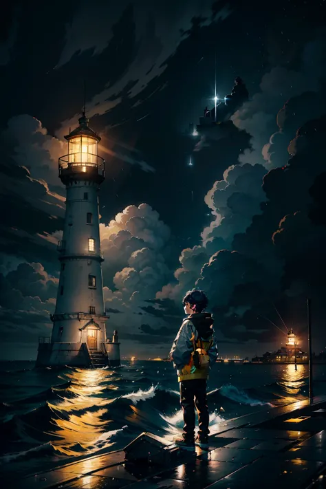 young boy, wearing one gray sweater, black hair, in a boat, yellow rain jacket, lighthouse in background, night, rain, blackclouds in the sky, light only in the lighthouse, 4k