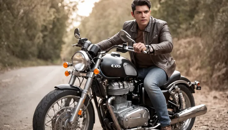 An ultra realistic photo of a male biker with a hyper detailed face sitting on a Royal Enfield Western-style motorcycle Dramatic lighting HD 16K