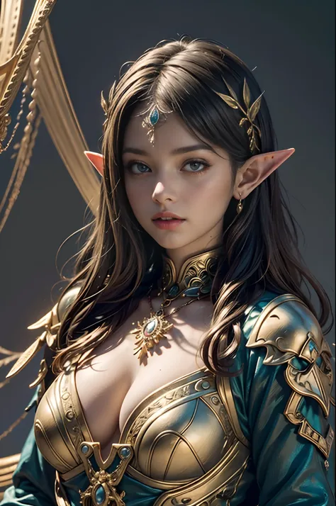 (masterpiece, top quality, best quality, official art, beautiful and aesthetic:1.2), (1 young Elf warrior girl), wearing extremely detailed plate mail, long shapeless hair, (fractal art:1.3),colorful,highest detail, cinematic lighting, elven city backgroun...