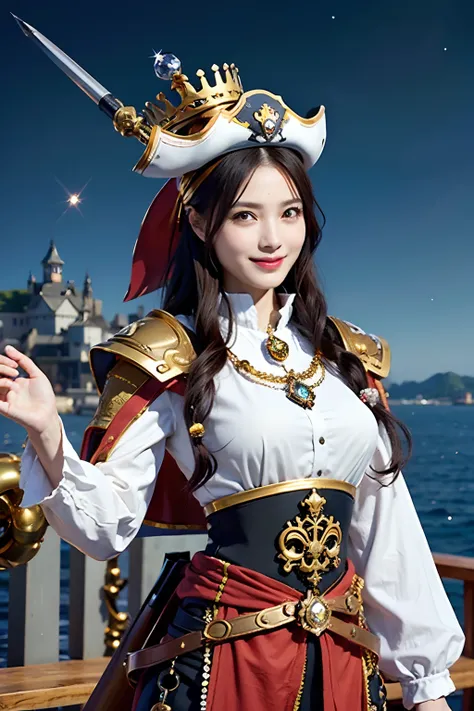 (masutepiece), professional , tmasterpiece、top-quality、Photos realistic ,  （Jewel silver metal body:1.９),(Matte white、（Put on a pirate hat）、Jeweled gold weapon（Gemstone metal body:1.４),Gorgeous metal weapon , Sword of the Brave in detail , Beautiful knife ...