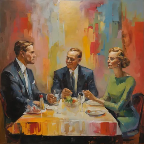 imagine a man and woman sitting across from each other at a fine restaurant table, she is beautiful, with long brown air, blue eyes, and a black evening dress on, he is handsome and in a black suit with a tie, There is food and drink on the table, a faded ...