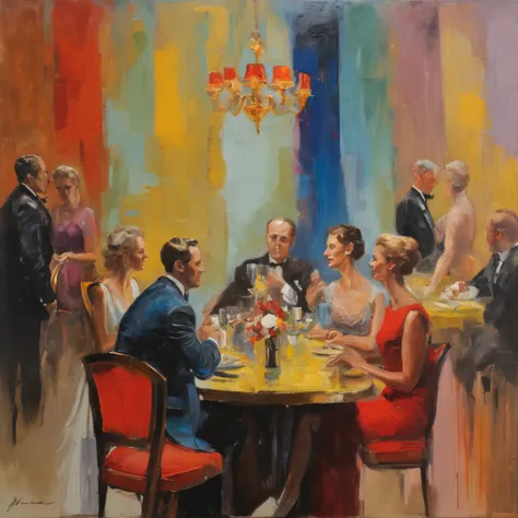 imagine a man and woman sitting across from each other at a fine restaurant table, she is beautiful, with long brown air, blue eyes, and a black evening dress on, he is handsome and in a black suit with a tie, There is food and drink on the table, a faded ...