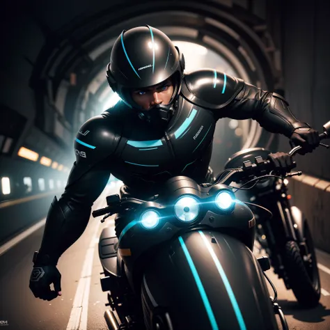 Fish eye view of black man wearing a black tinted helmet, riding a motorbike through a tunnel with moving traffic,  with iridescent light, highly detailed images, vibrant beautiful colours, photorealistic image, 8k, ultra HD, unreal engine rendered, cinema...