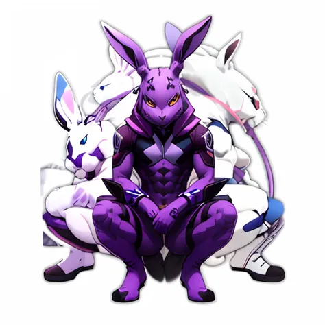 close up of purple rabbit sitting on white surface, rabbt_character, rabbit warrior, inspired by kanbun master, anthropomorphic ...