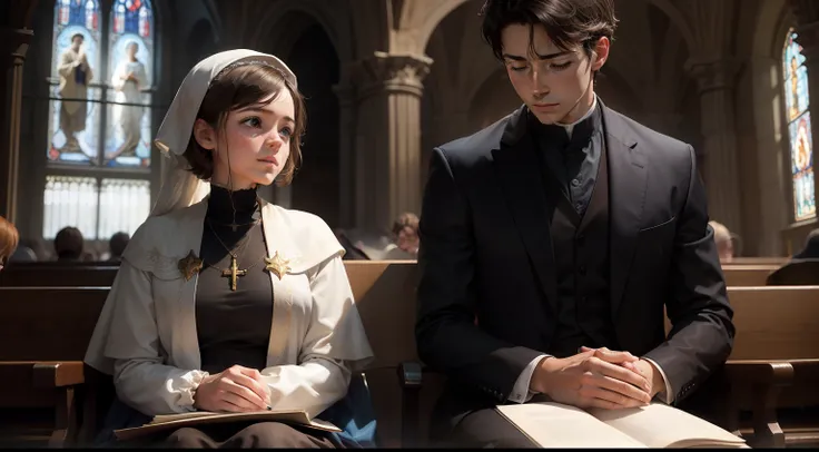 Prompt: Create an inspiring scene of Peter, a boy and his mother, Mary, sitting together in a church;. They are attentive to a sermon, envolvidos por uma atmosfera de luz suave  e vitrais coloridos. Convey a sense of reverence and spiritual connection.