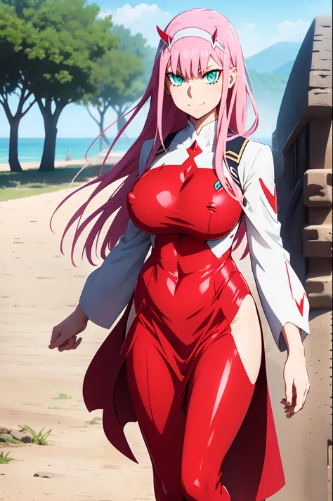 masterpiece, best quality, 1girl, looking at viewer, cute, beach, sunlight, ocean, medium breasts, thighhighs, black thighhighs, green eyes, zero two (darling in the franxx), pink hair, beautiful detailed eyes, beautiful detailed glow, lots of glow, arms b...