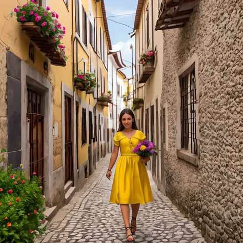 Woman in dress holding flowers in hand, in a street with Portugal flag in a window