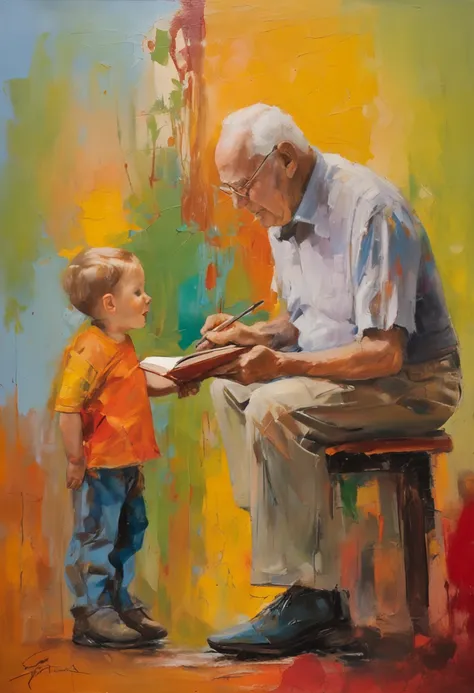 Grandfather talking to grandson with a childrens book