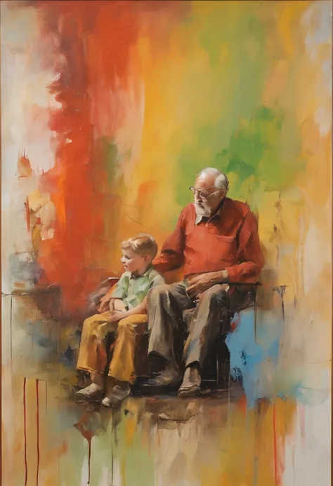 Grandfather talking to grandson with a childrens book