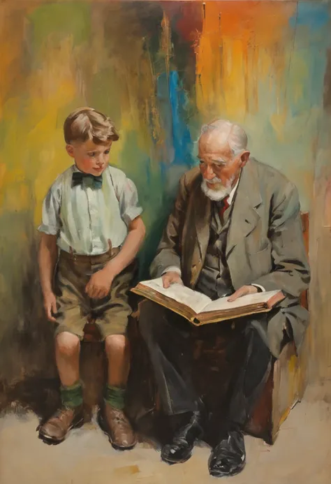 Grandfather talking to grandson with bible in hand, poltrona antiga, 1920s