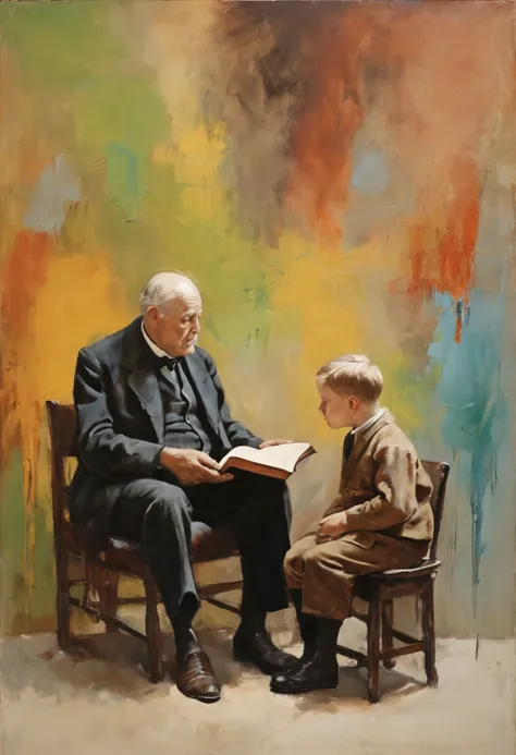 Grandfather talking to grandson with bible in hand, poltrona antiga, 1920s