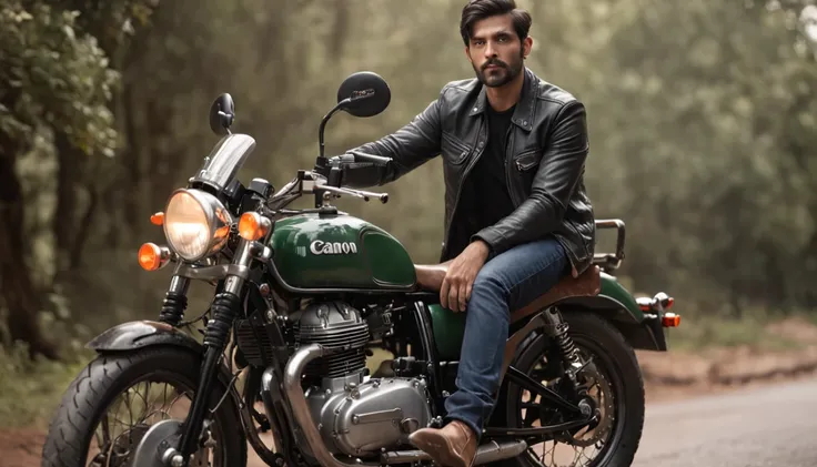 An ultra realistic cinematic movie poster of a male biker with a hyper detailed face sitting on a military green Royal Enfield motorcycle dramatic lighting HD 16K