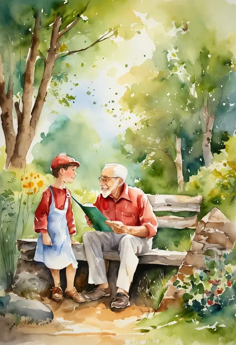 Grandfather talking to grandson with childrens book