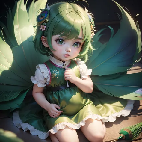 Cute Baby Chibi Anime,Pleasant look,fluffy green hair,Green and Blue Long Length Cheongsam,Peacock feather decoration fan, Niagara Falls